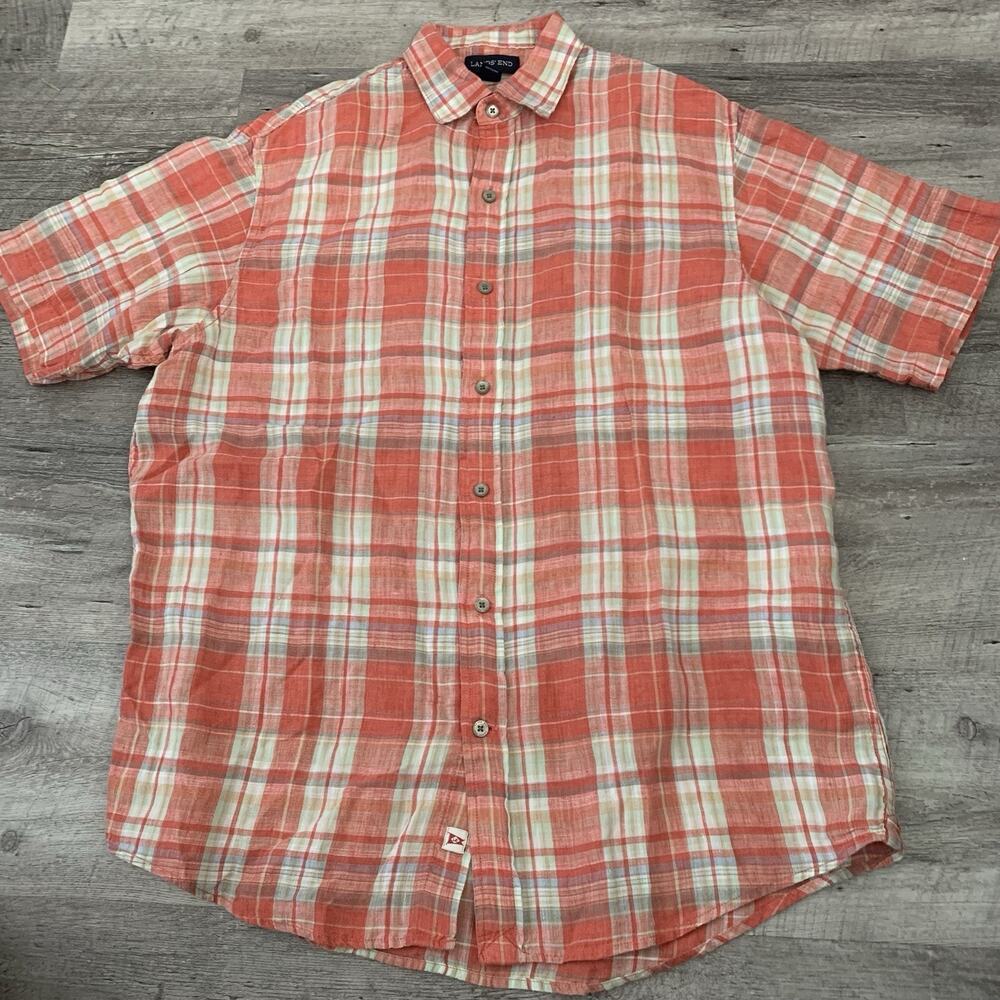Lands End Linen Shirt Mens Medium Orange / Soft Red Plaid Short Sleeve Preppy